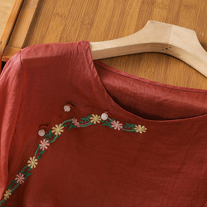 Casual Embroidery Flowers Cotton Polyester Half Sleeve Women's Crew Neck Shirt