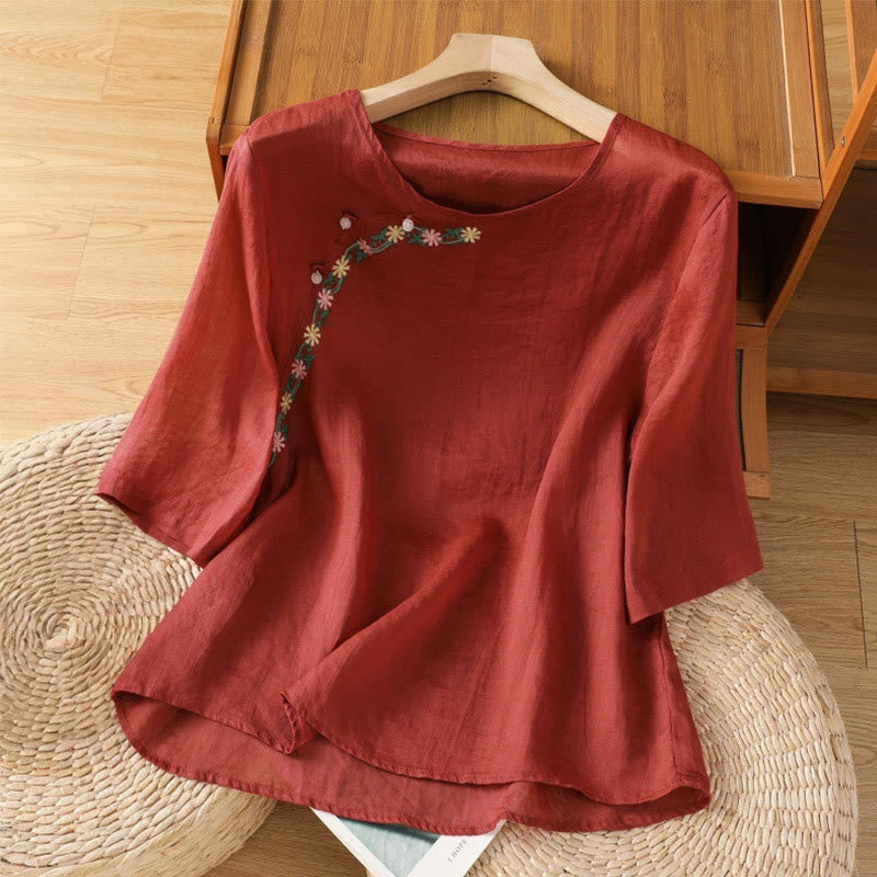 Casual Embroidery Flowers Cotton Polyester Half Sleeve Women's Crew Neck Shirt