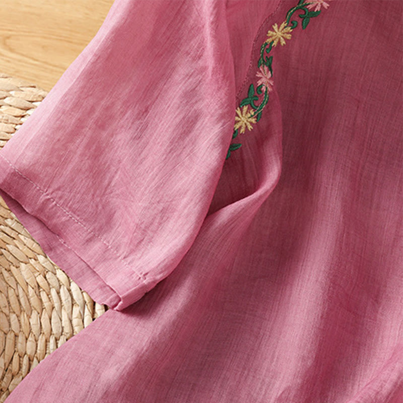 Casual Embroidery Flowers Cotton Polyester Half Sleeve Women's Crew Neck Shirt