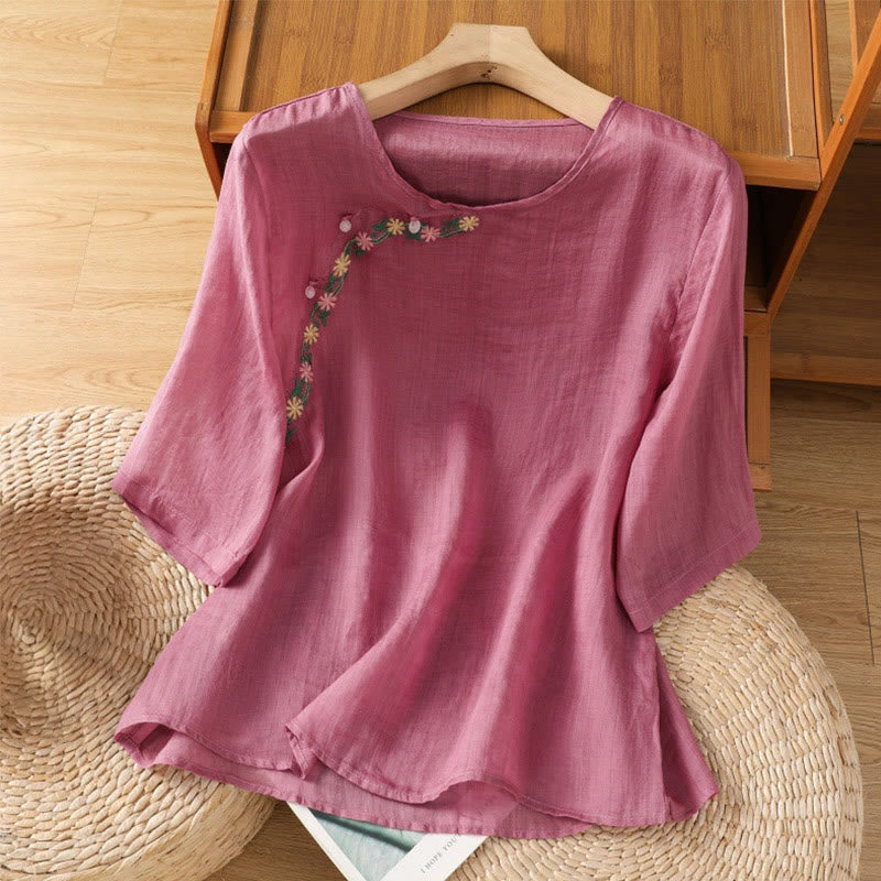 Casual Embroidery Flowers Cotton Polyester Half Sleeve Women's Crew Neck Shirt