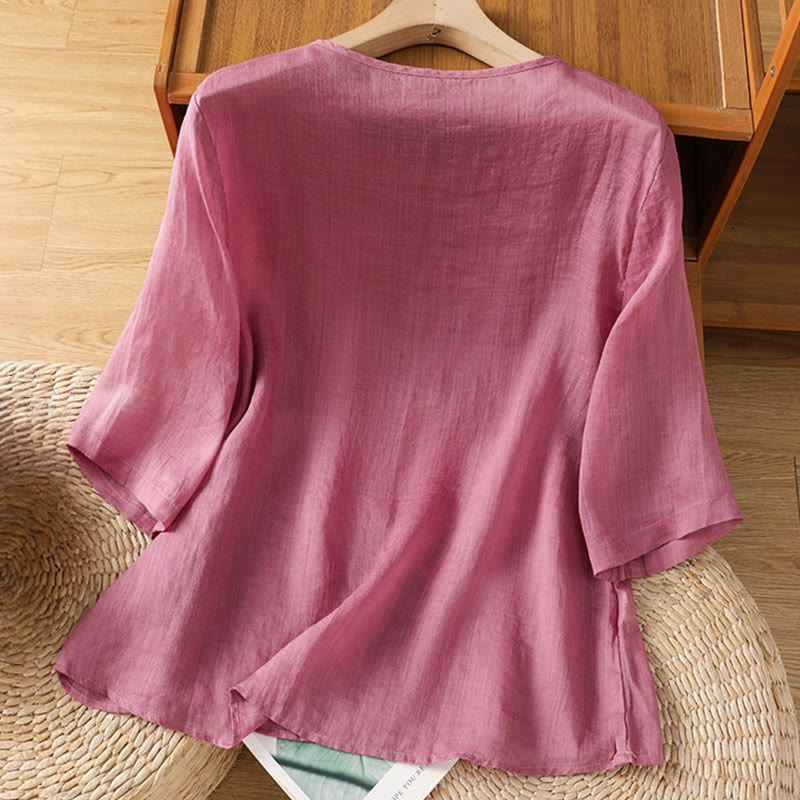 Casual Embroidery Flowers Cotton Polyester Half Sleeve Women's Crew Neck Shirt