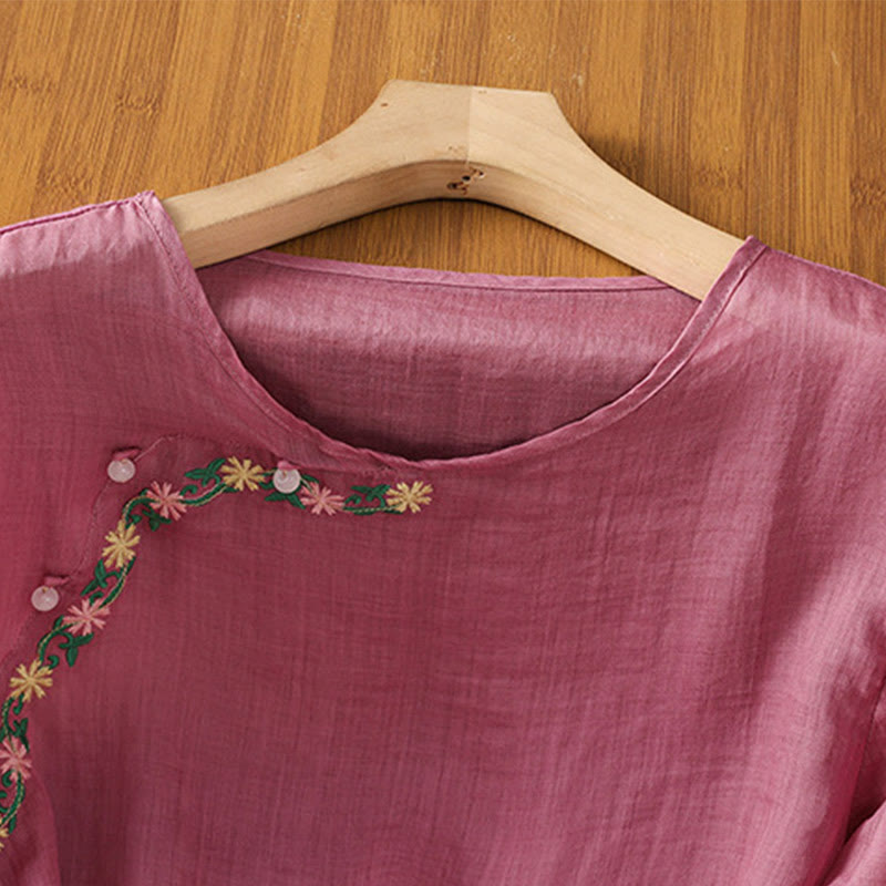 Casual Embroidery Flowers Cotton Polyester Half Sleeve Women's Crew Neck Shirt