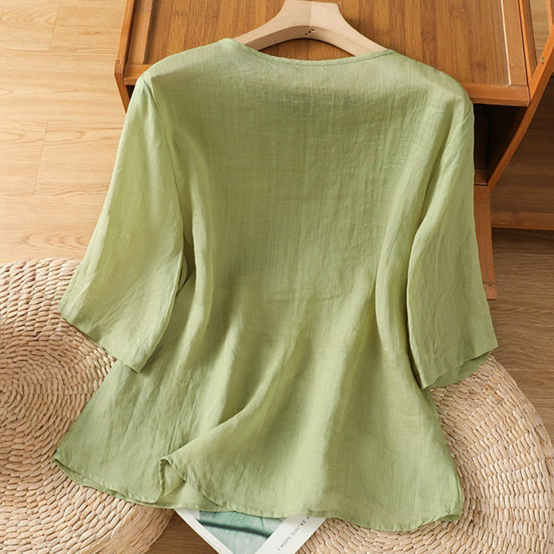 Casual Embroidery Flowers Cotton Polyester Half Sleeve Women's Crew Neck Shirt