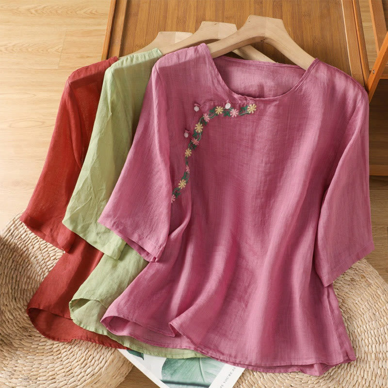 Casual Embroidery Flowers Cotton Polyester Half Sleeve Women's Crew Neck Shirt