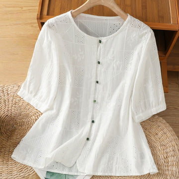 Tactile Cotton Embroidered Half-Sleeve Meditation Shirt