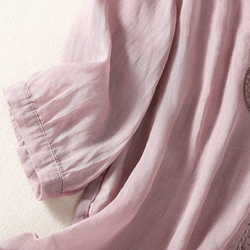 Breathable Cotton Linen Embroidered V-Neck Mindful T-Shirt