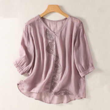 Breathable Cotton Linen Embroidered V-Neck Mindful T-Shirt