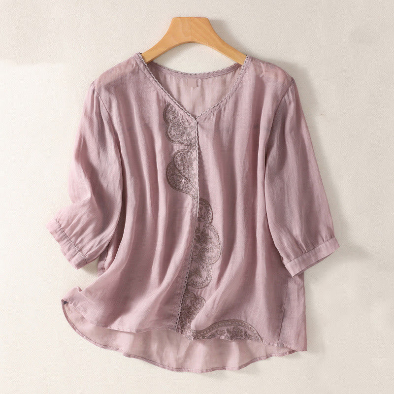 Breathable Cotton Linen Embroidered V-Neck Mindful T-Shirt