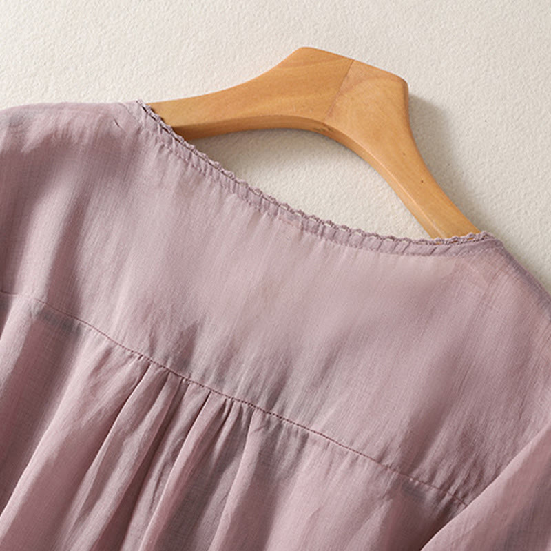 Breathable Cotton Linen Embroidered V-Neck Mindful T-Shirt