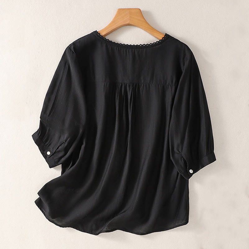 Breathable Cotton Linen Embroidered V-Neck Mindful T-Shirt