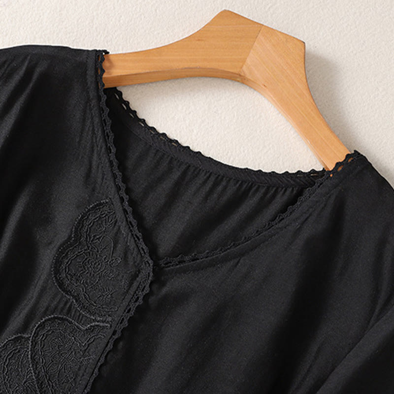 Breathable Cotton Linen Embroidered V-Neck Mindful T-Shirt