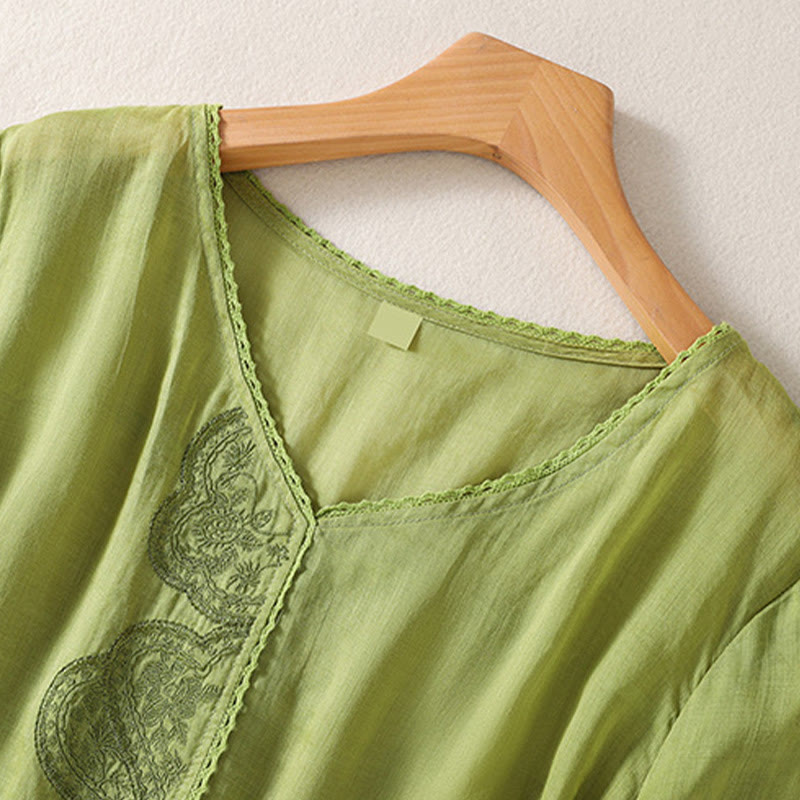 Breathable Cotton Linen Embroidered V-Neck Mindful T-Shirt