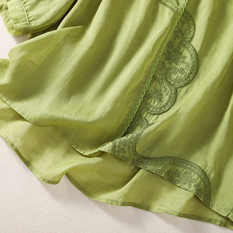 Breathable Cotton Linen Embroidered V-Neck Mindful T-Shirt