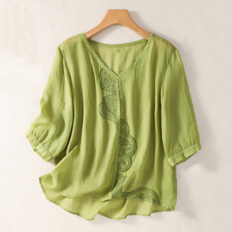 Breathable Cotton Linen Embroidered V-Neck Mindful T-Shirt