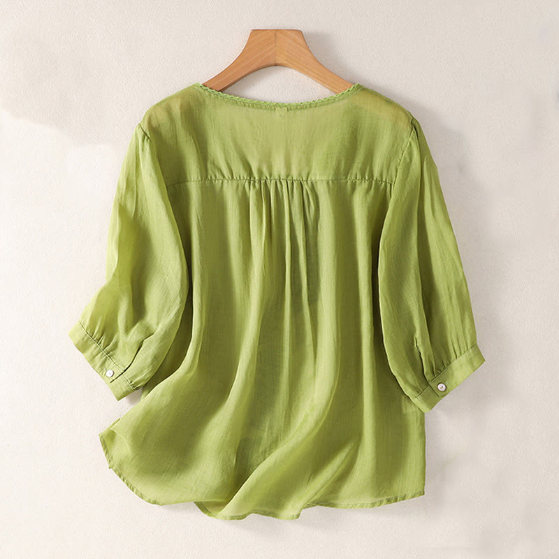 Breathable Cotton Linen Embroidered V-Neck Mindful T-Shirt