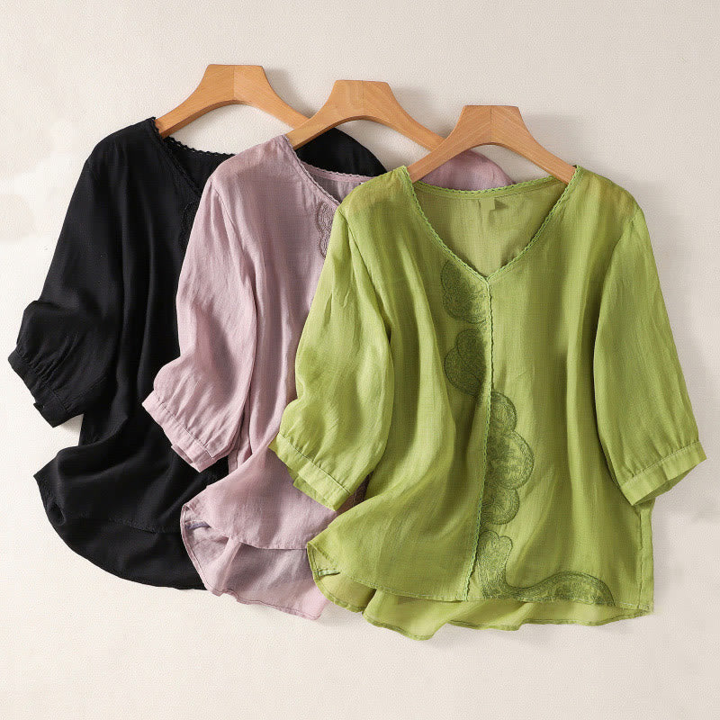 Breathable Cotton Linen Embroidered V-Neck Mindful T-Shirt