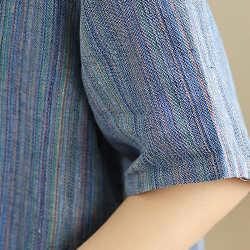 Casual Retro Striped Women's Half Sleeve Cotton Linen T-shirt