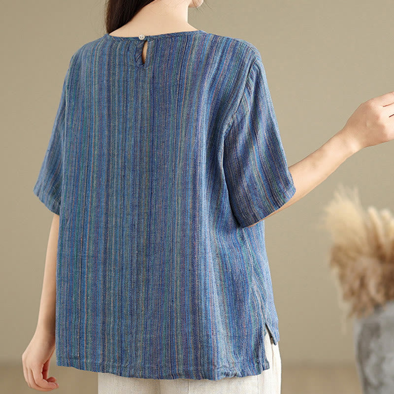 Casual Retro Striped Women's Half Sleeve Cotton Linen T-shirt