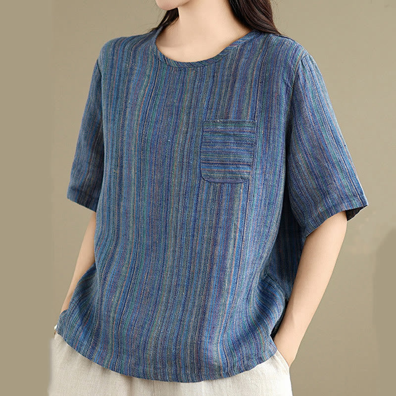 Casual Retro Striped Women's Half Sleeve Cotton Linen T-shirt