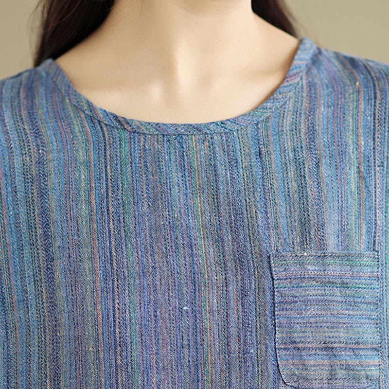 Casual Retro Striped Women's Half Sleeve Cotton Linen T-shirt