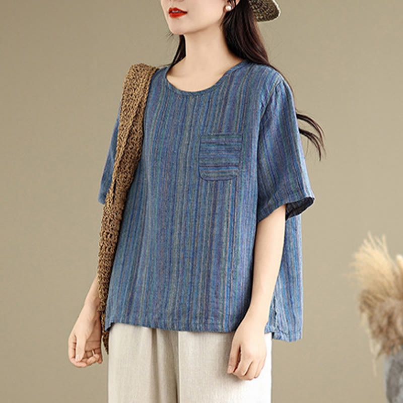 Casual Retro Striped Women's Half Sleeve Cotton Linen T-shirt