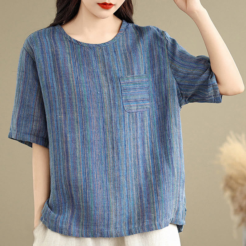 Casual Retro Striped Women's Half Sleeve Cotton Linen T-shirt