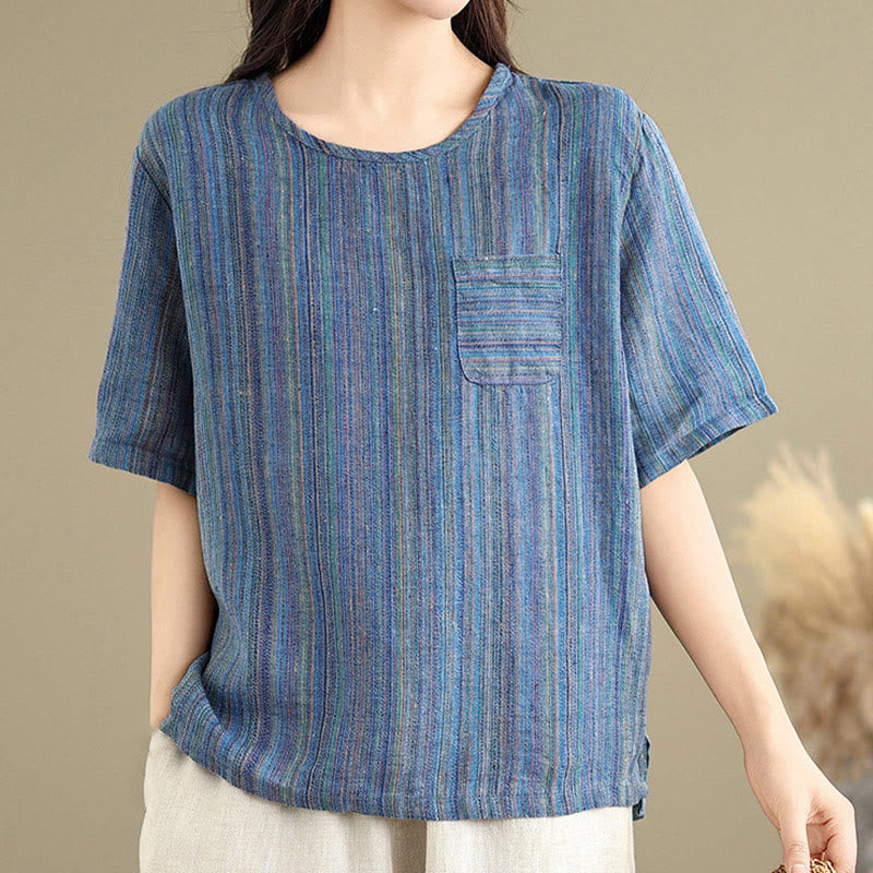 Casual Retro Striped Women's Half Sleeve Cotton Linen T-shirt