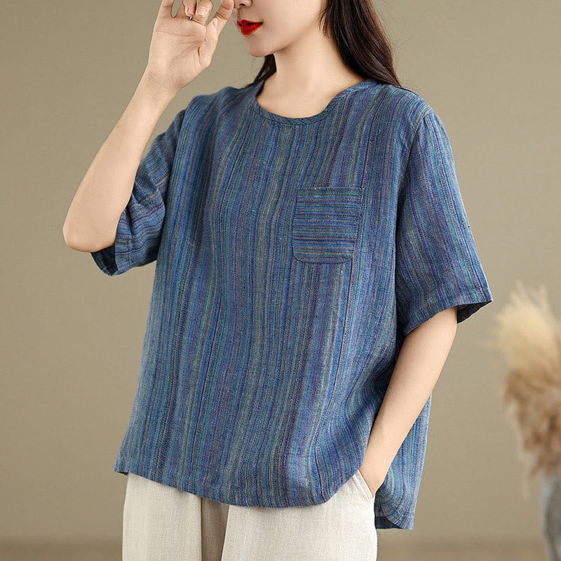Casual Retro Striped Women's Half Sleeve Cotton Linen T-shirt