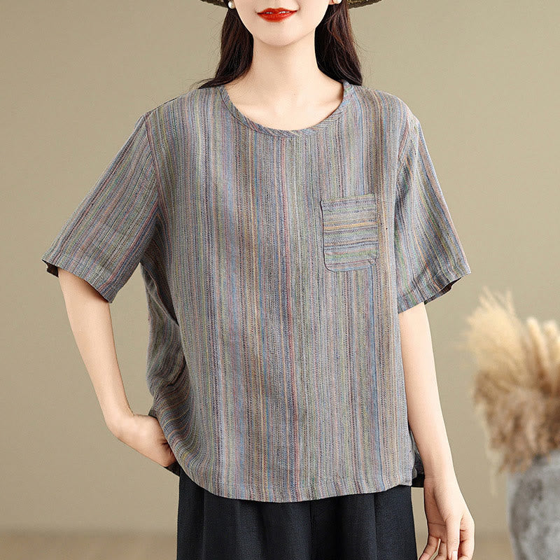 Casual Retro Striped Women's Half Sleeve Cotton Linen T-shirt