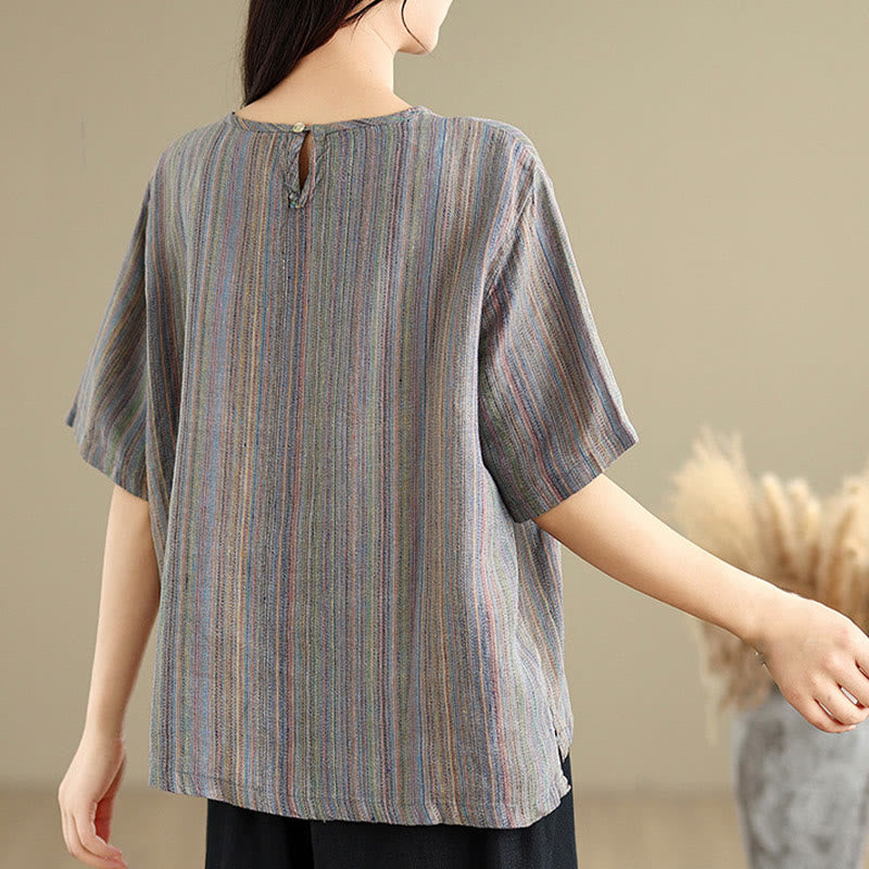 Casual Retro Striped Women's Half Sleeve Cotton Linen T-shirt