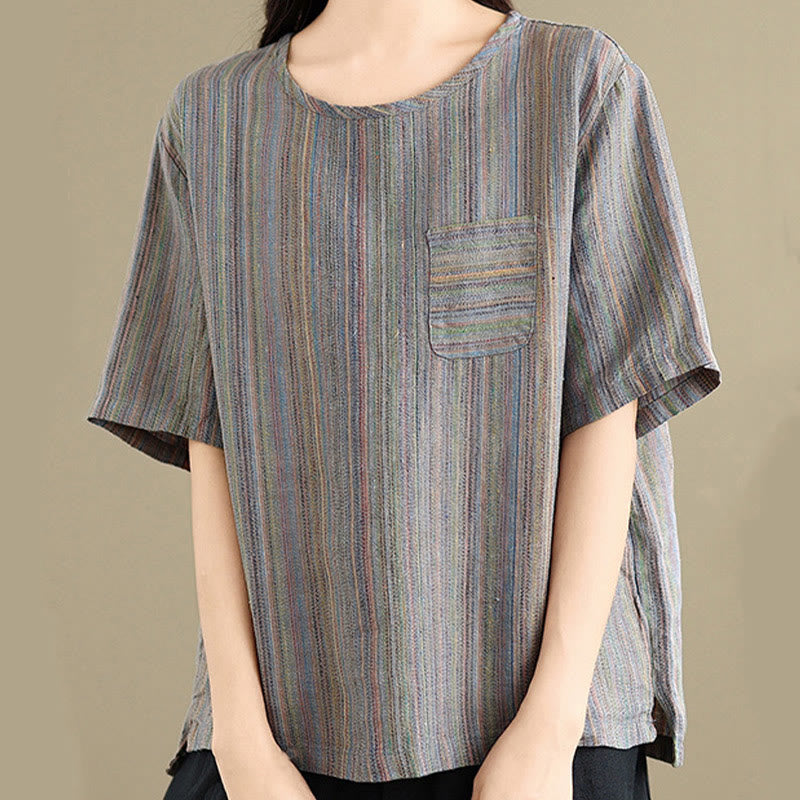 Casual Retro Striped Women's Half Sleeve Cotton Linen T-shirt