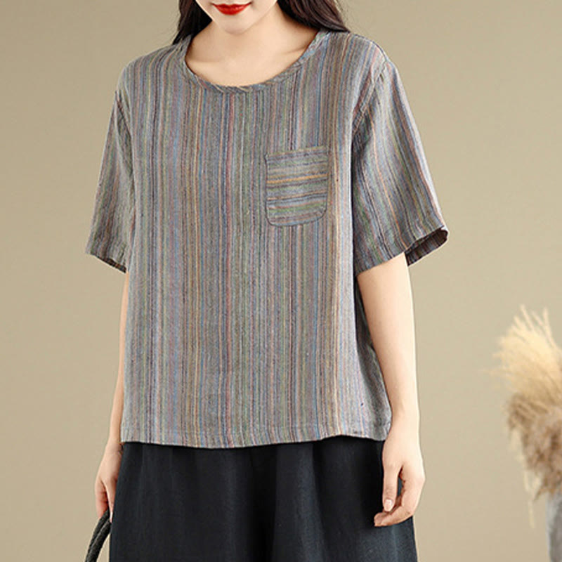 Casual Retro Striped Women's Half Sleeve Cotton Linen T-shirt