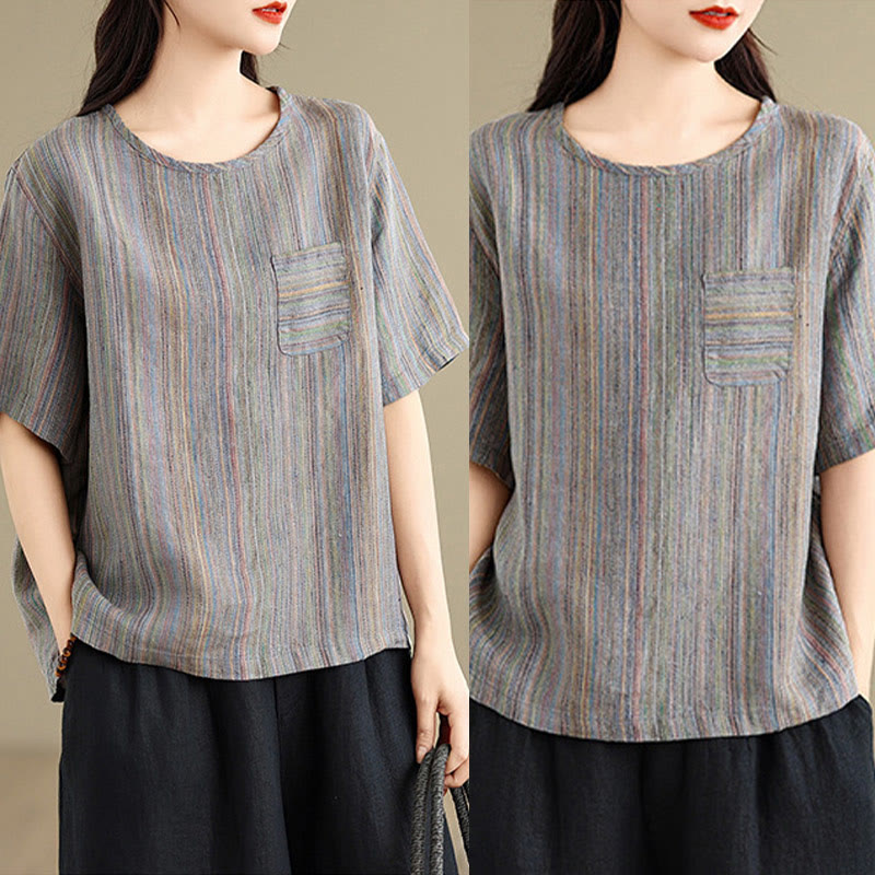 Casual Retro Striped Women's Half Sleeve Cotton Linen T-shirt
