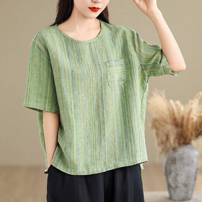 Casual Retro Striped Women's Half Sleeve Cotton Linen T-shirt