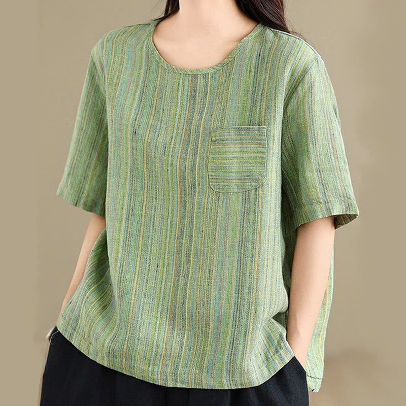 Casual Retro Striped Women's Half Sleeve Cotton Linen T-shirt