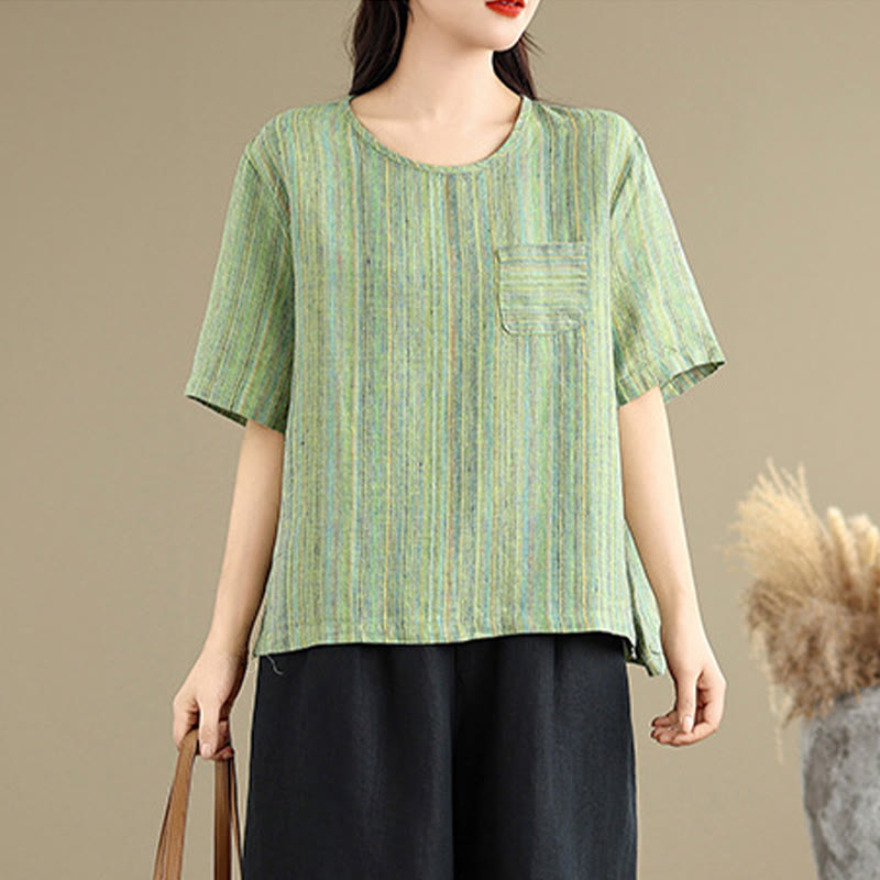 Casual Retro Striped Women's Half Sleeve Cotton Linen T-shirt