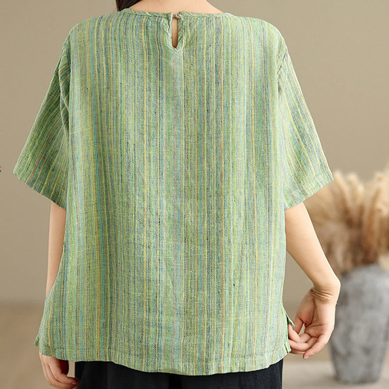 Casual Retro Striped Women's Half Sleeve Cotton Linen T-shirt