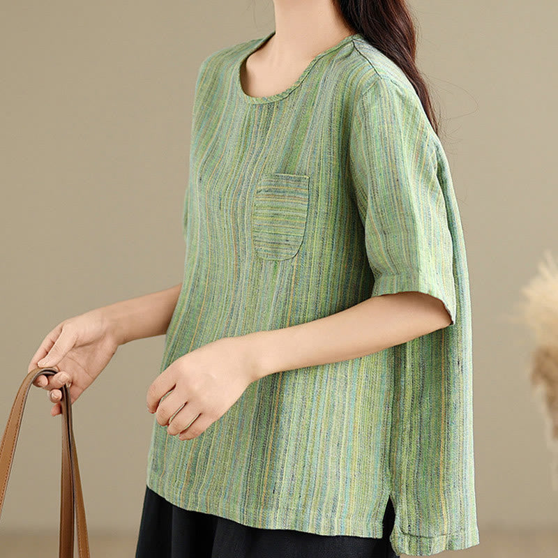 Casual Retro Striped Women's Half Sleeve Cotton Linen T-shirt
