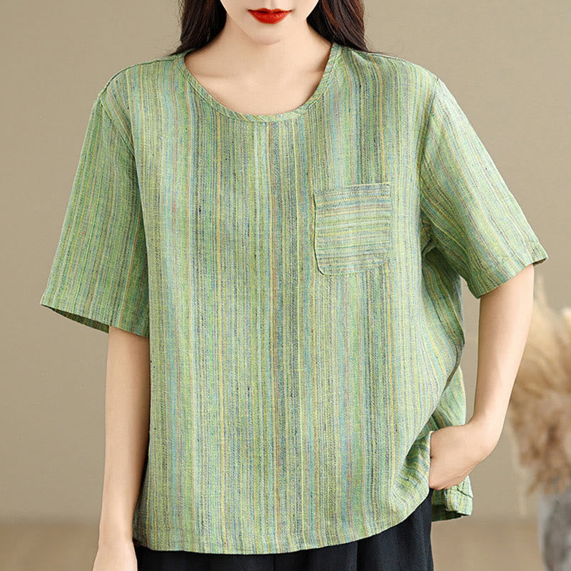 Casual Retro Striped Women's Half Sleeve Cotton Linen T-shirt