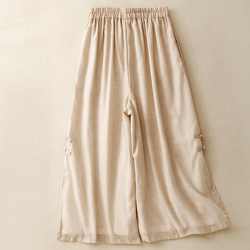 Frog-Button Hem Slit Design Women's Wide Leg Cotton Linen Pants With Pockets
