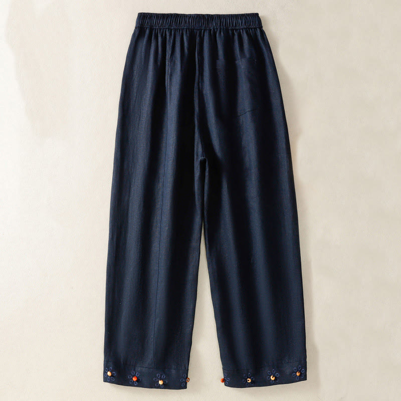 Casual Embroided Bead Drawstring Women's Wide Leg Cotton Pants With Pockets