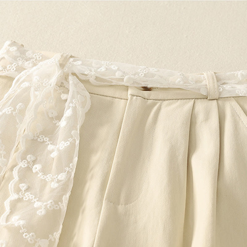 Daily Solid Color Lace Belt Women's Wide Leg Cotton Pants With Pockets