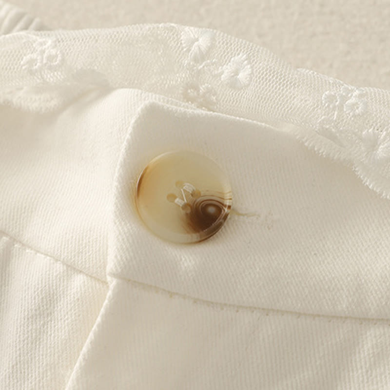 Daily Solid Color Lace Belt Women's Wide Leg Cotton Pants With Pockets