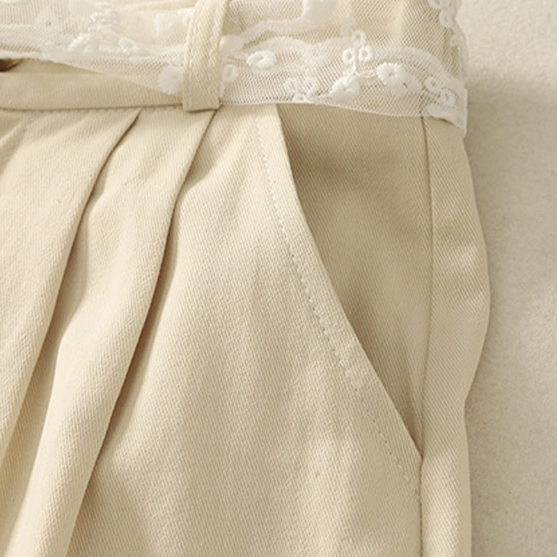 Daily Solid Color Lace Belt Women's Wide Leg Cotton Pants With Pockets