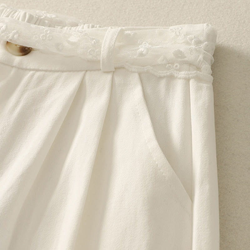 Daily Solid Color Lace Belt Women's Wide Leg Cotton Pants With Pockets