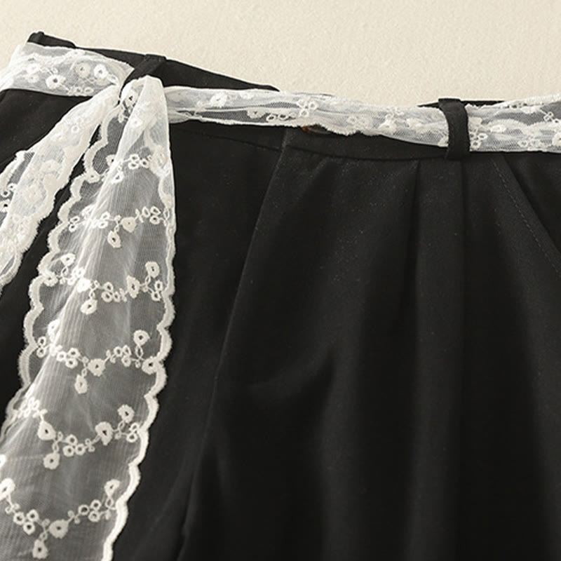 Daily Solid Color Lace Belt Women's Wide Leg Cotton Pants With Pockets