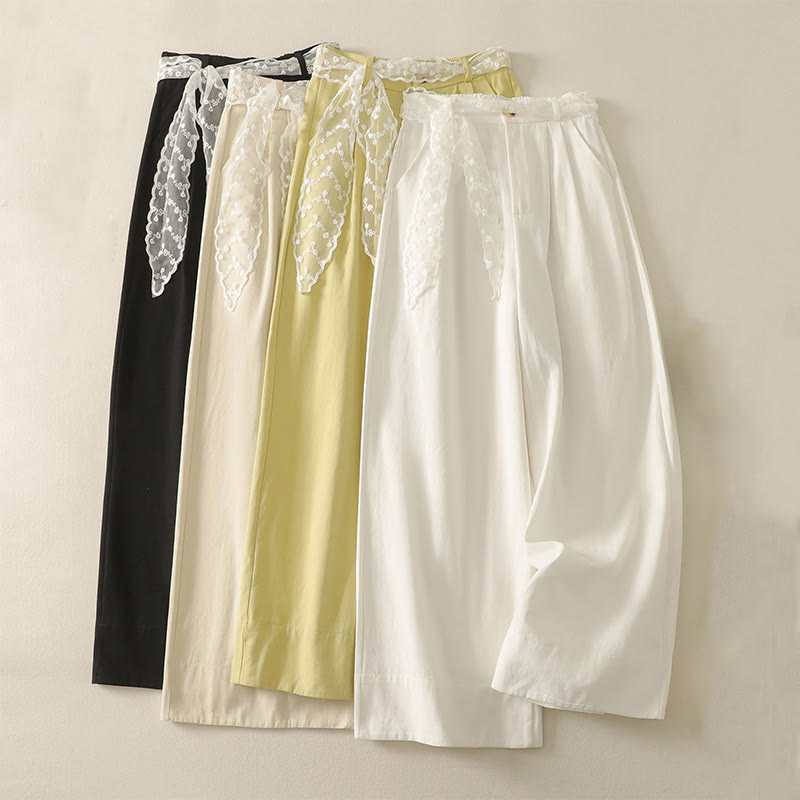 Daily Solid Color Lace Belt Women's Wide Leg Cotton Pants With Pockets