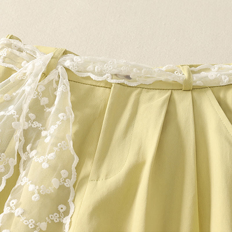 Daily Solid Color Lace Belt Women's Wide Leg Cotton Pants With Pockets