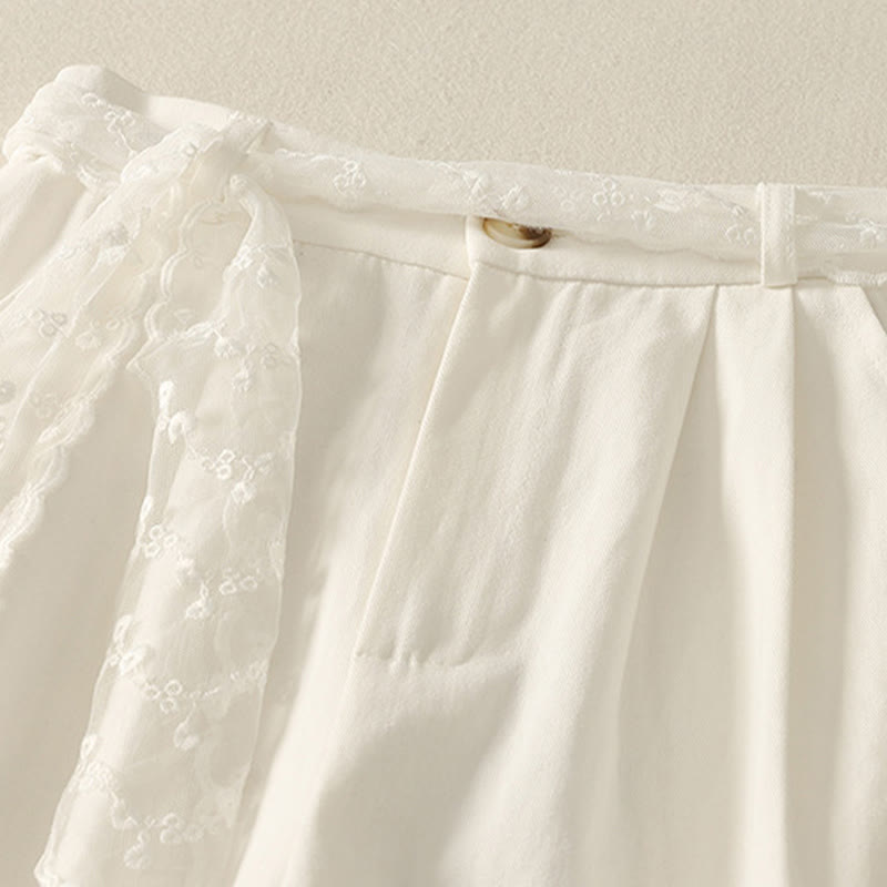 Daily Solid Color Lace Belt Women's Wide Leg Cotton Pants With Pockets