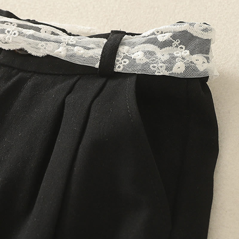 Daily Solid Color Lace Belt Women's Wide Leg Cotton Pants With Pockets